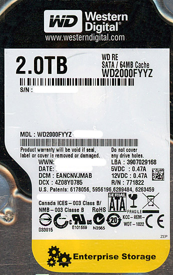 【中古】Western Digital製HDD　WD2000FYYZ　2TB SATA600 7200　4000〜5000時間以内