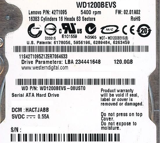 【中古】WesternDigital ノート用HDD 2.5inch　WD1200BEVS/120GB　6000〜7000時間以内