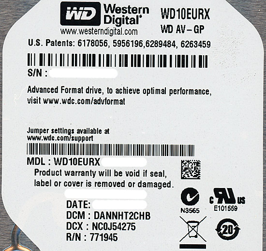 【中古】Western Digital製HDD　WD10EURX　1TB SATA600　13000〜14000時間以内