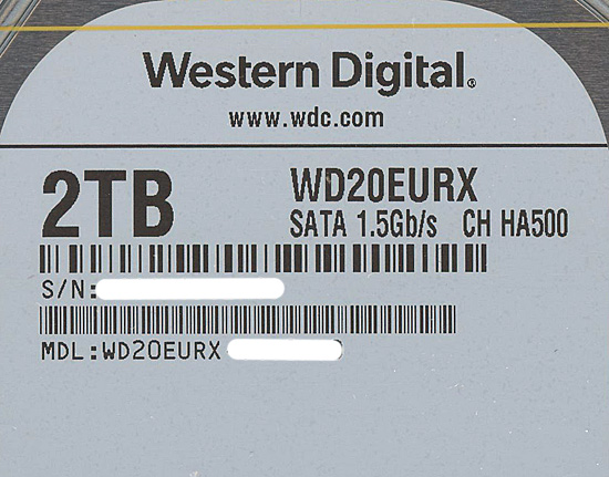 【中古】Western Digital製HDD　WD20EURX　2TB SATA600　0〜100時間以内