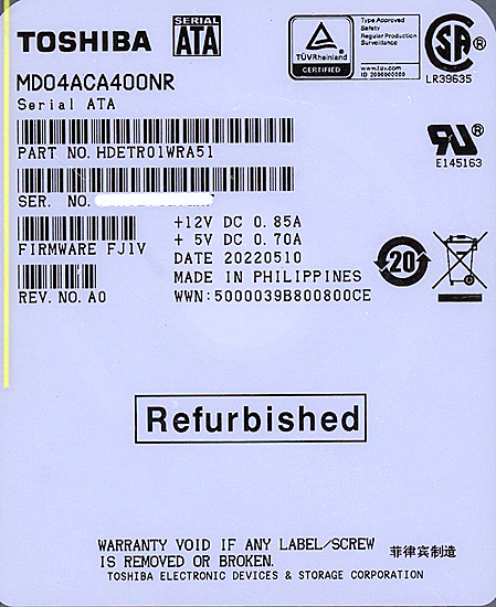 【中古】TOSHIBA製HDD　MD04ACA400NR　4TB SATA600 7200　整備済製品　未使用