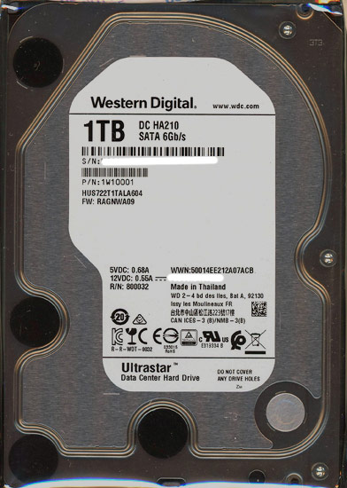 【中古】Western Digital製HDD　HUS722T1TALA604　1TB SATA600 7200　100〜200時間以内