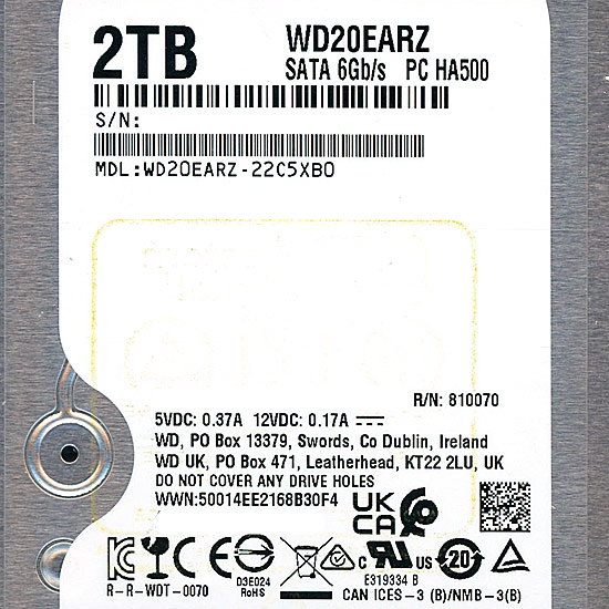 【中古】Western Digital製HDD　WD20EARZ　2TB SATA600 5400　1000〜2000時間以内