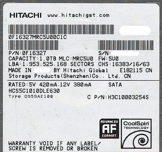 【中古】HGST製HDD　HCS5C1010DLE630　1TB SATA600　3000〜4000時間以内