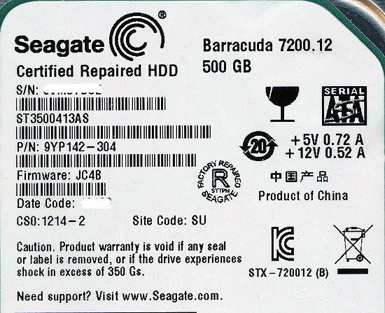 【中古】SEAGATE製HDD　ST3500413AS　500GB SATA600 7200　2000〜3000時間以内
