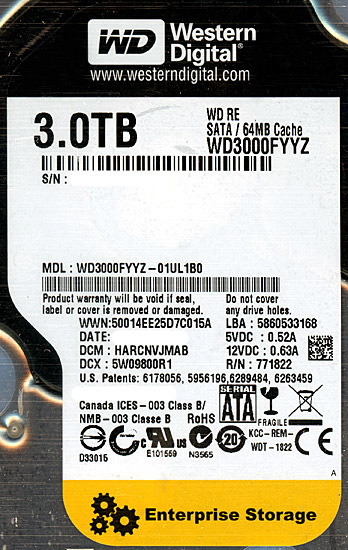 【中古】Western Digital製HDD　WD3000FYYZ　3TB SATA600　78000〜79000時間以内