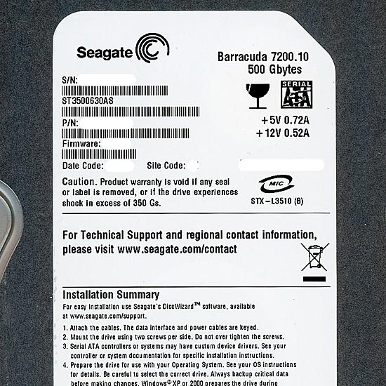 【中古】SEAGATE製HDD　ST3500630AS　500G SATA300 7200　8000〜9000時間以内