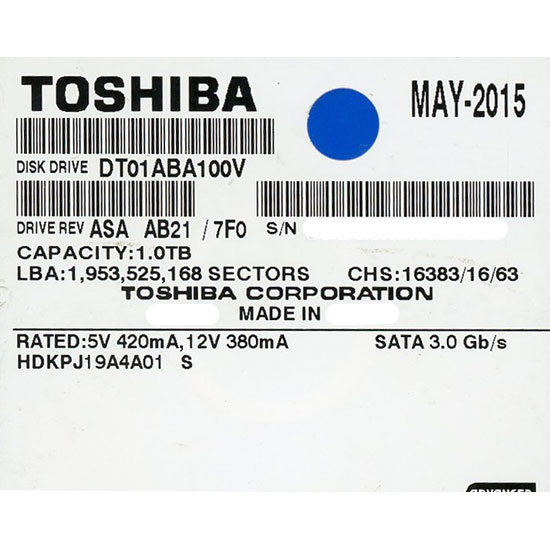 【中古】TOSHIBA製HDD　DT01ABA100V　1TB SATA300 5700　100〜200時間以内