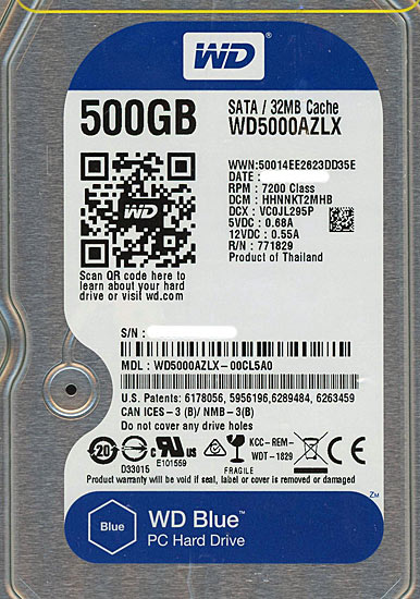 【中古】Western Digital製HDD　WD5000AZLX　500GB SATA600　1000〜2000時間以内