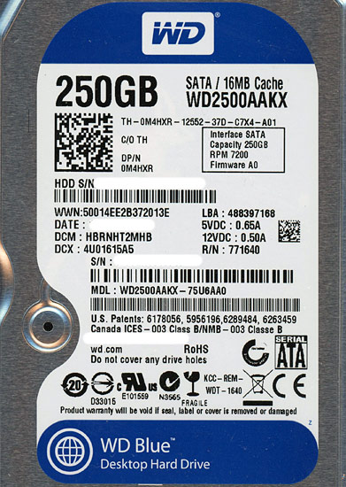 【中古】Western Digital製HDD　WD2500AAKX　250GB SATA600 7200　3000〜4000時間以内