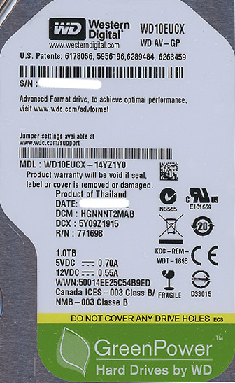 【中古】Western Digital製HDD　WD10EUCX　1TB 5400rpm　48000〜49000時間以内