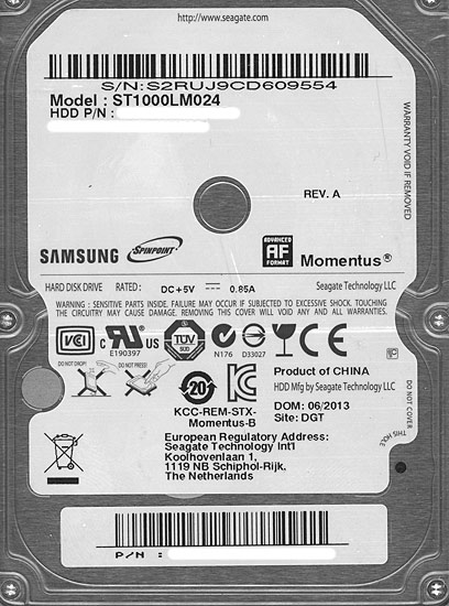 【中古】Samsung製 ノート用HDD 2.5inch　ST1000LM024 1TB 9.5mm　3000〜4000時間以内