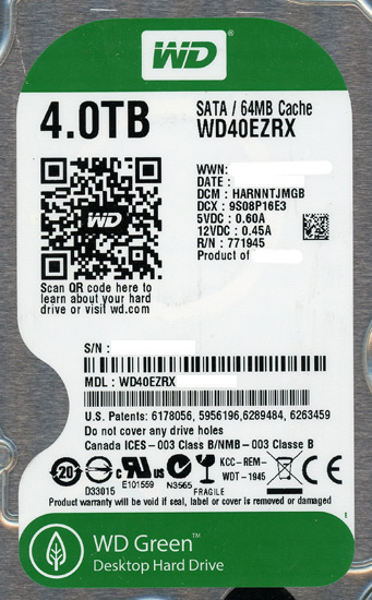【中古】Western Digital製HDD　WD40EZRX　4TB SATA600　2000〜3000時間以内