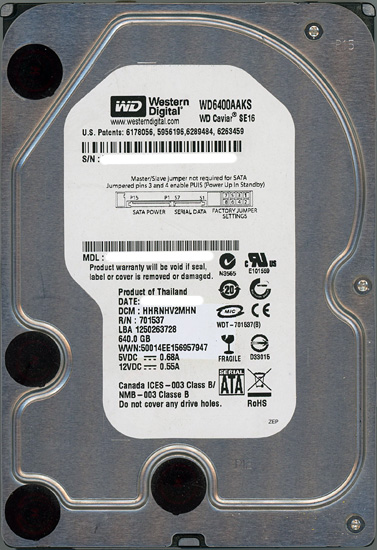 【中古】Western Digital製HDD　WD6400AAKS　640GB SATA300 7200　3000〜4000時間以内