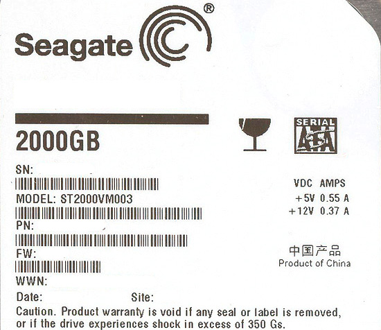 【中古】SEAGATE製HDD　ST2000VM003　2TB SATA600 5900　6000〜7000時間以内