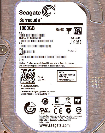 【中古】SEAGATE製HDD　ST1000DM003　1TB SATA600 7200　1000〜2000時間以内