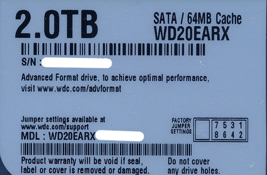 【中古】Western Digital製HDD　WD20EARX　2TB SATA600　5000〜6000時間以内