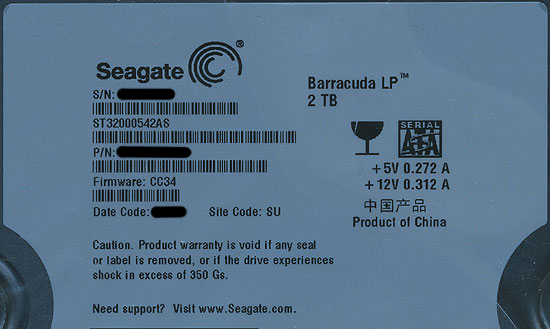 【中古】SEAGATE製HDD　ST32000542AS　2TB SATA300 5900　2000〜3000時間以内