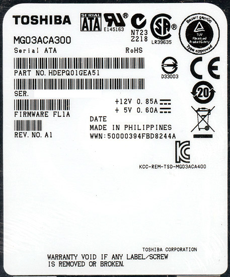 【中古】TOSHIBA製HDD　MG03ACA300　3TB SATA600 7200　3000〜4000時間以内