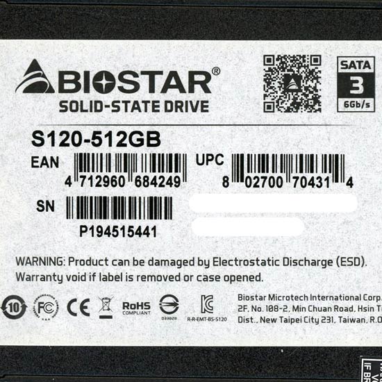 【中古】BIOSTAR　2.5インチ SATA SSD　S120 S120-512GB　2000〜3000時間以内