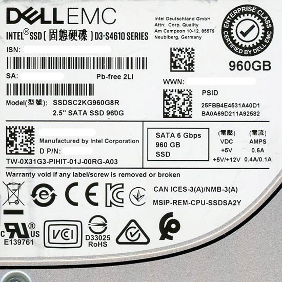 【中古】Intel製　2.5インチSATA SSD SSDSC2KG960G8R　960GB　7000〜8000時間以内