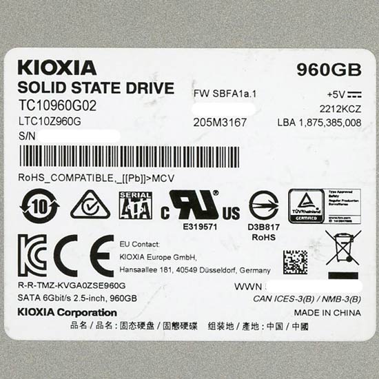 【中古】キオクシア　SSD TC10690G02　960GB　4000〜5000時間以内