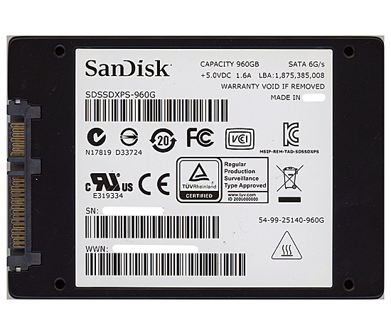 【中古】SANDISK　2.5インチSATA SSD 960GB　SDSSDXPS-960G-J25　7000〜8000時間以内