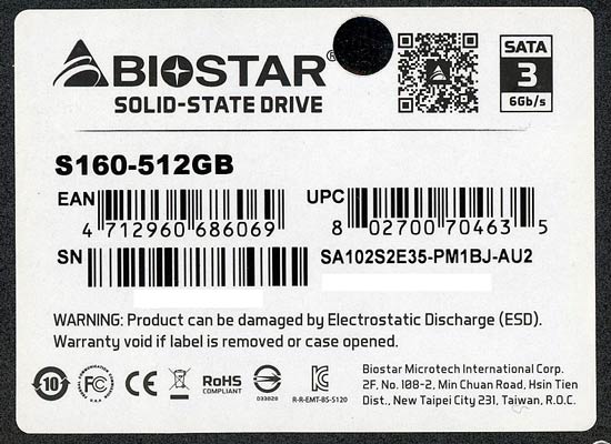 【中古】BIOSTAR　2.5インチ SATA SSD　S160 S160-512GB　6000〜7000時間以内