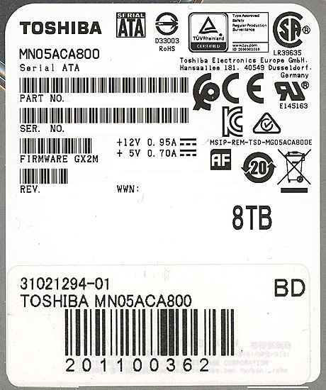 【中古】TOSHIBA製HDD　MN05ACA800　8TB SATA600 7200　500〜1000時間以内