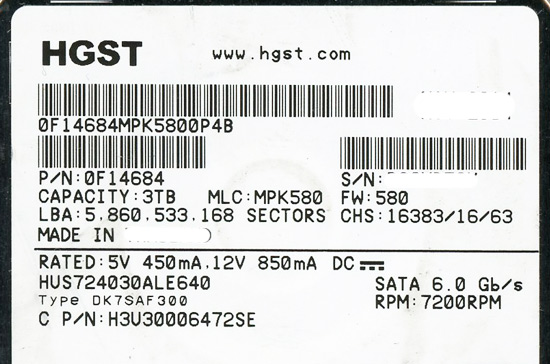 【中古】HITACHI製HDD　HUS724030ALE640　3TB SATA600 7200　1000〜2000時間以内