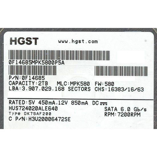 【中古】HGST製HDD　HUS724020ALE640　2TB SATA600 7200　200〜500時間以内