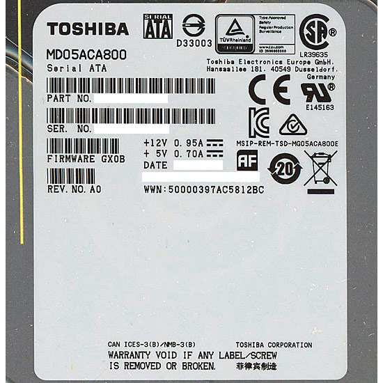 【中古】TOSHIBA製HDD　MD05ACA800　8TB SATA600 7200　8000〜9000時間以内