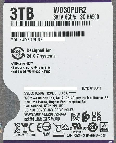 【中古】Western Digital製HDD　WD30PURZ　3TB SATA600 5400　1000〜2000時間以内