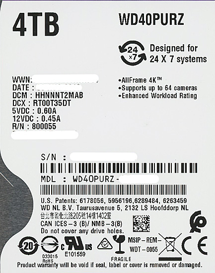 【中古】Western Digital HDD　WD40PURZ　4TB SATA600　9000〜10000時間以内