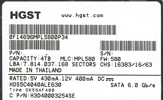 【中古】HITACHI HDD　HDS5C4040ALE630　4TB SATA600　200〜500時間