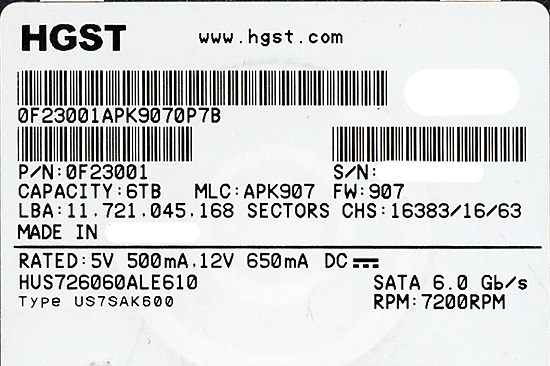 【中古】HGST HDD　HUS726060ALE610　6TB SATA600 7200　200〜500時間以内