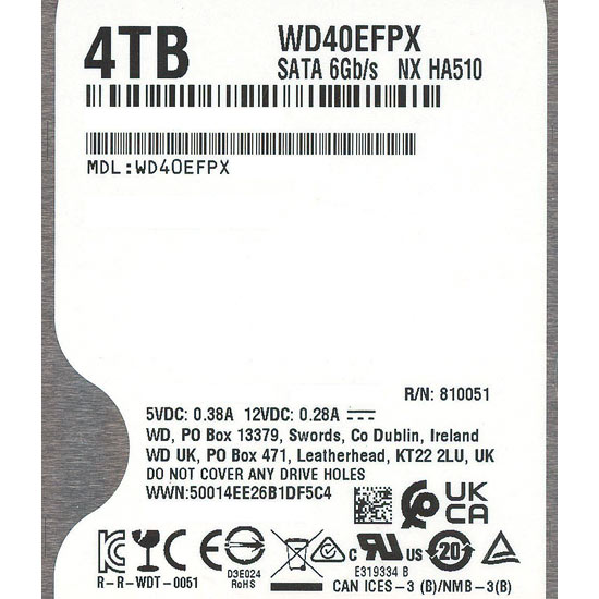【中古】Western Digital製HDD　WD40EFPX　4TB SATA600 5400　1000〜2000時間以内