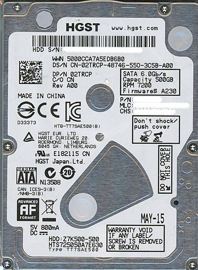 【中古】HITACHI HDD　HTS725050A7E630　500GB 7200rpm　4000〜5000時間以内