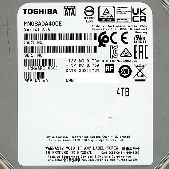 【中古】TOSHIBA HDD　MN08ADA400E　4TB SATA600 7200　8000〜9000時間以内