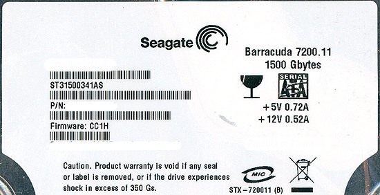 【中古】SEAGATE HDD　ST31500341AS　1.5TB 7200SATA 3Gb/s　5000〜6000時間以内
