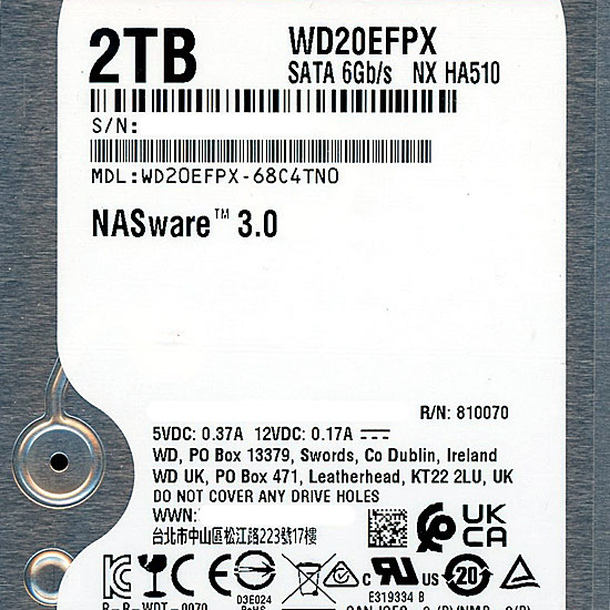【中古】Western Digital HDD　WD20EFPX　2TB SATA600　4000〜5000時間以内