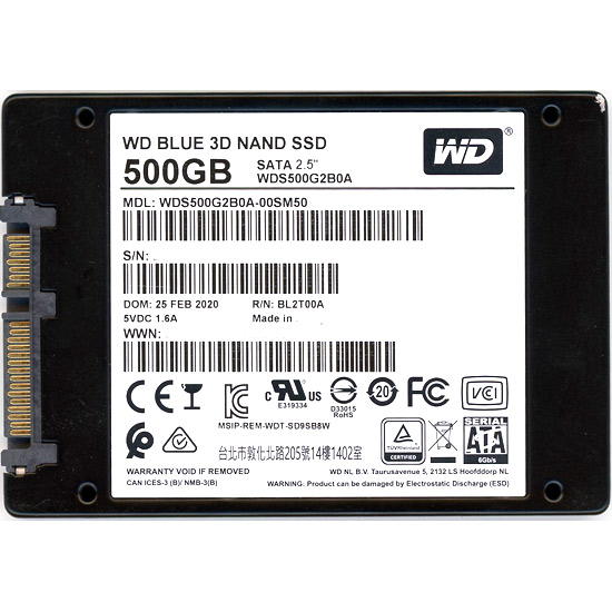 【中古】Western Digital　2.5inch SSD　WD Blue 3D NAND SATA WDS500G2B0A　7000〜8000時間以内