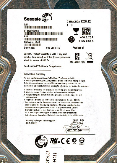 【中古】SEAGATE HDD　ST31000524AS　1TB SATA600 7200　8000〜9000時間以内