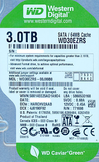 【中古】Western Digital HDD　WD30EZRS　3TB SATA300　1000〜2000時間以内