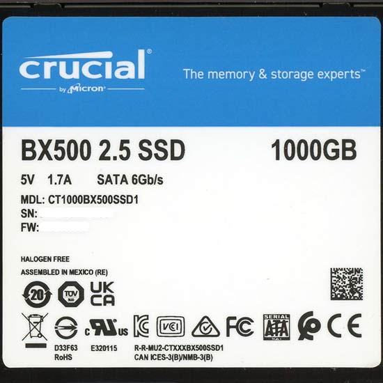 【中古】crucial　2.5インチ 内蔵型 SSD BX500 CT1000BX500SSD1　1TB　1000〜2000時間以内