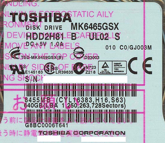 【中古】TOSHIBA(東芝) ノート用HDD 2.5inch　MK6465GSX　640GB　0〜100時間以内
