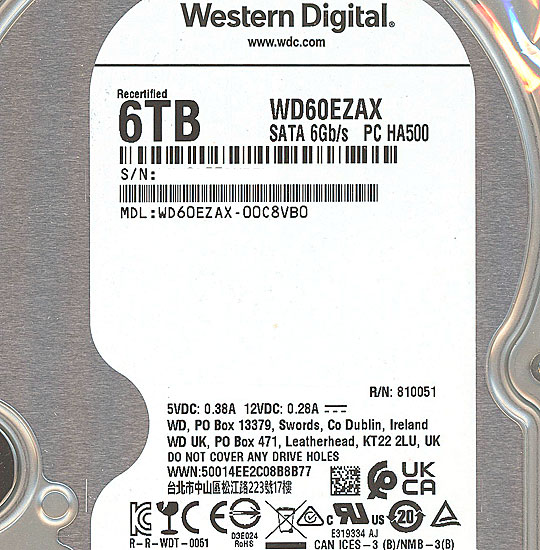 【中古】Western Digital HDD　WD60EZAX　6TB SATA600 5400　8000〜9000時間以内