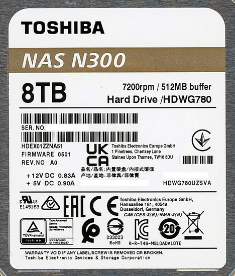 【中古】TOSHIBA　NAS向け 内蔵HDD HDWG780UZSVA　8TB SATA600 7200　200〜500時間以内