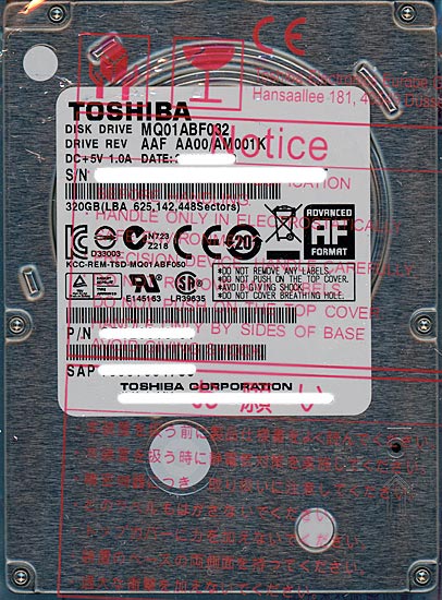 【中古】TOSHIBA(東芝) ノート用HDD 2.5inch　MQ01ABF032　320GB　2000〜3000時間以内