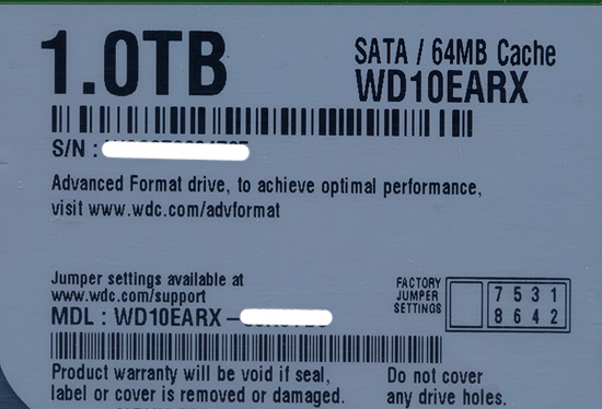 【中古】Western Digital HDD　WD10EARX　1TB SATA600　2000〜3000時間以内